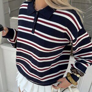 Navy Blue Casual Women's collar Striped knit Sweater top